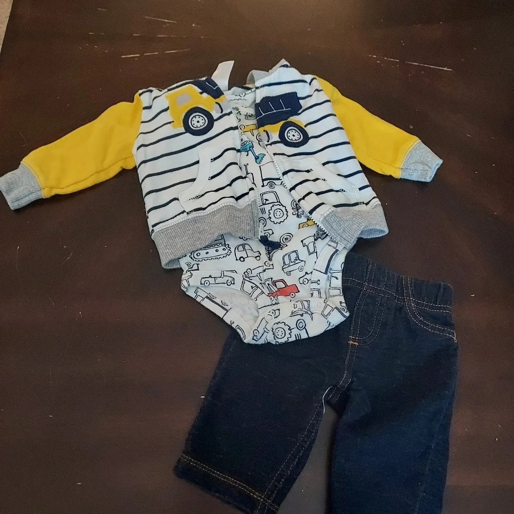 Carter's Baby Boy Dump Truck Hoodie, Printed Bodysuit & Jeggings Set in Size 3M - Picture 2 of 6